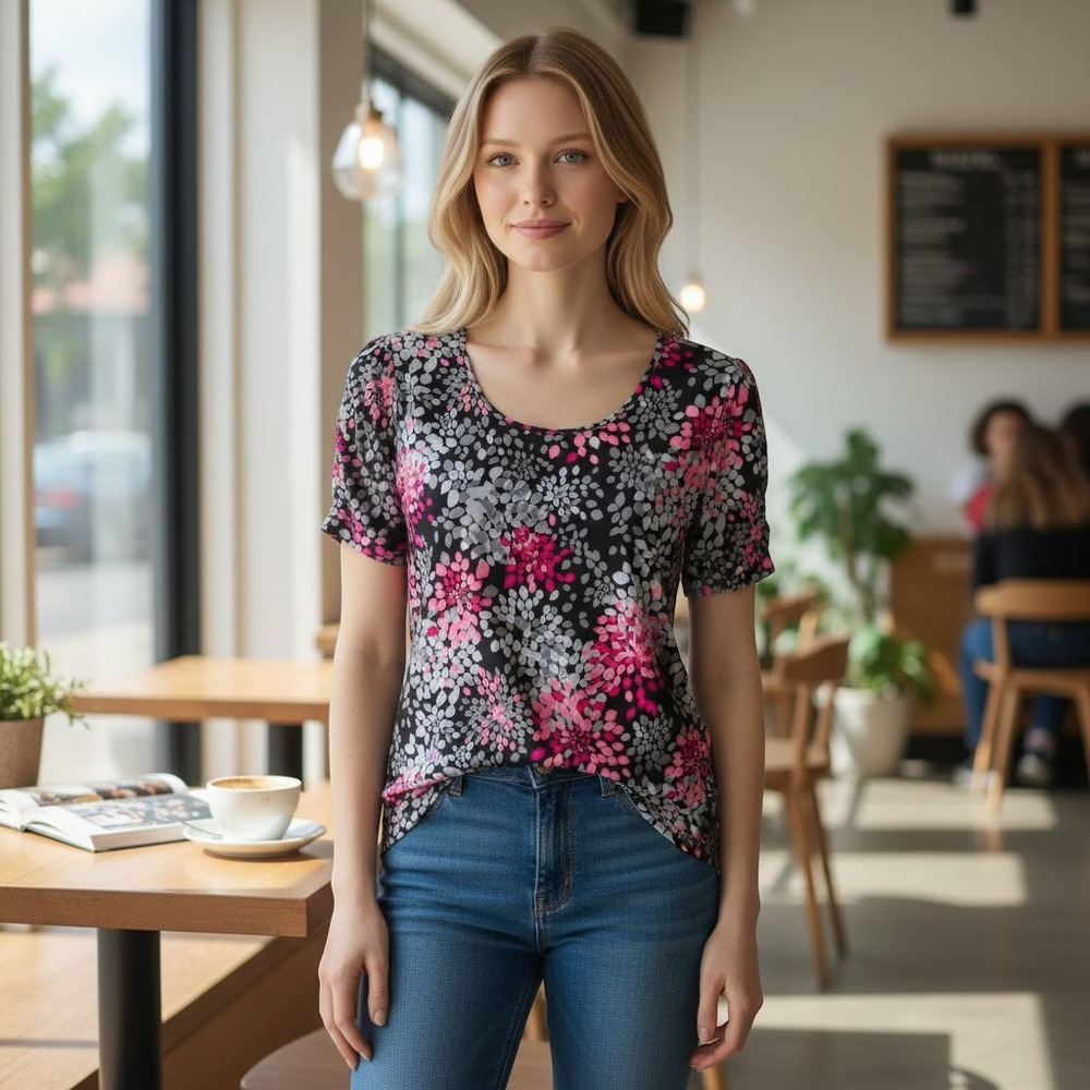 Style & Co Pink Grey Black Floral Petal Scoop Neck Short Sleeve Top M /#26777